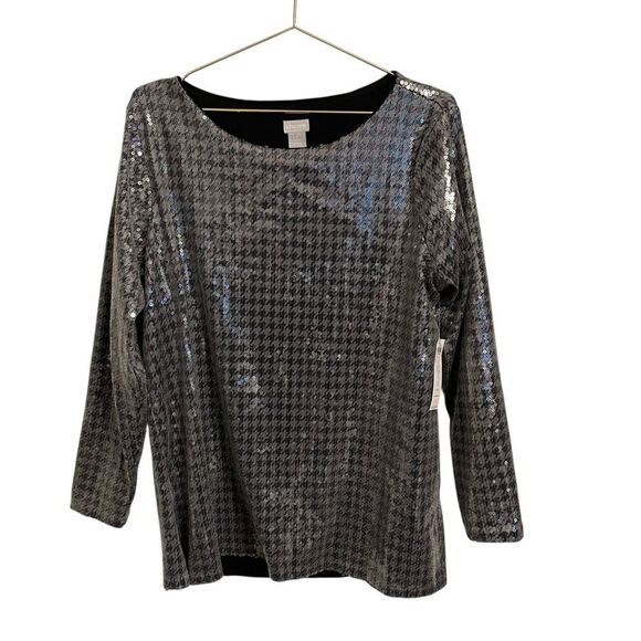 Chicos Hounds Tooth Plaid Sequin Tunic Top Blouse Gray Silver NWT 2 or L - Picture 1 of 7